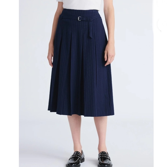 Belted Pleated Pinstripe Midi Skirt, Size 8 - Picture 6 of 9